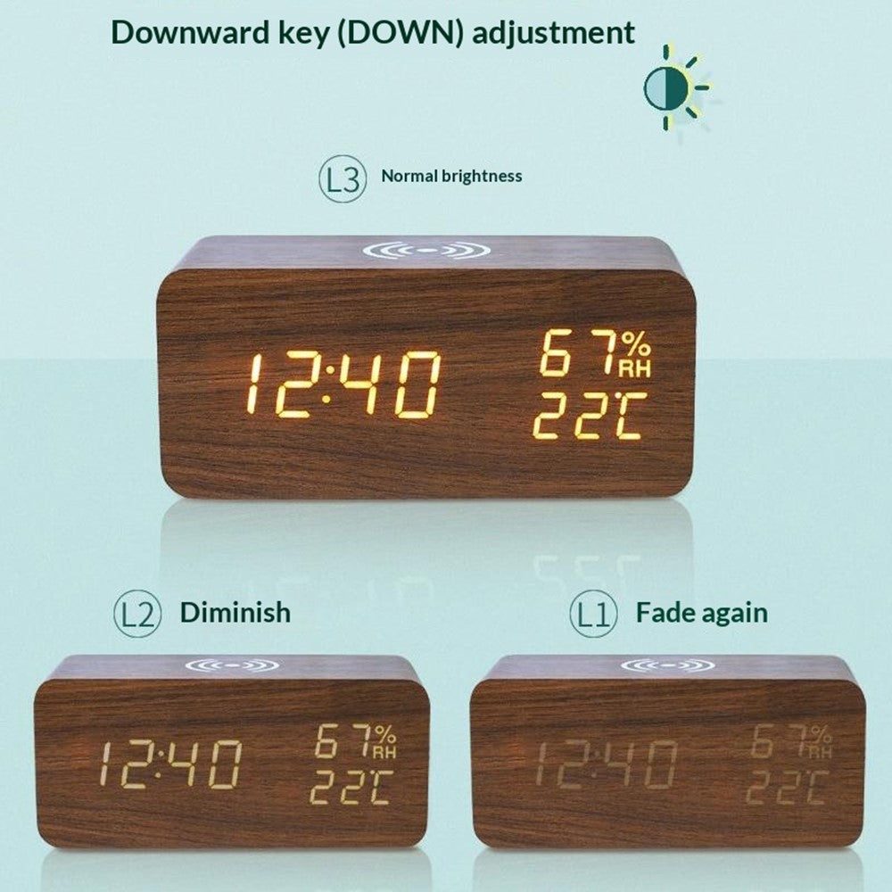 YC-9087 Wooden Digital LED Alarm Clock with Temperature Humidity Display Built-in Wireless Charging Pad (No Battery)