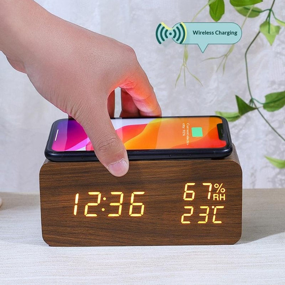 YC-9087 Wooden Digital LED Alarm Clock with Temperature Humidity Display Built-in Wireless Charging Pad (No Battery)