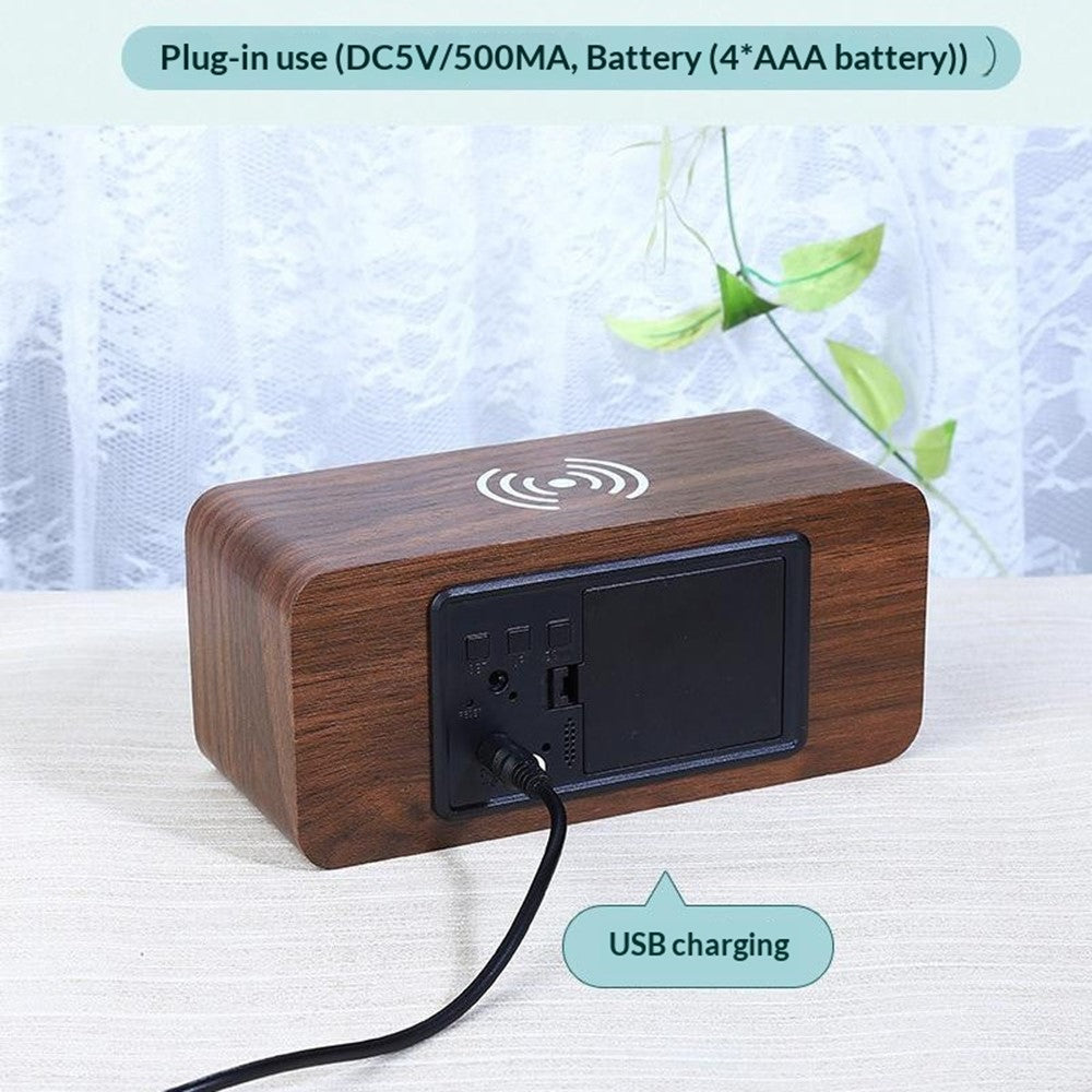 YC-9087 Wooden Digital LED Alarm Clock with Temperature Humidity Display Built-in Wireless Charging Pad (No Battery)