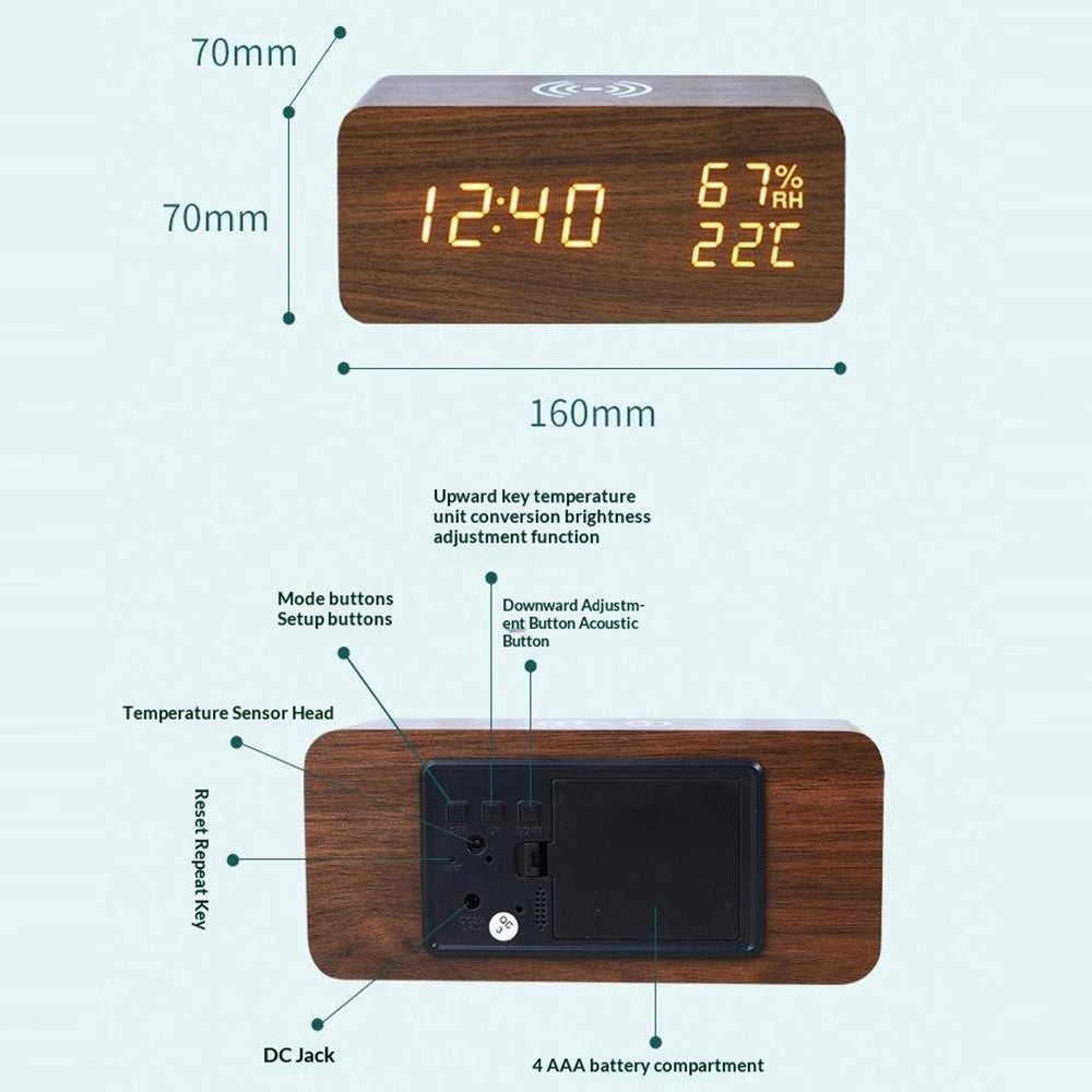 YC-9087 Wooden Digital LED Alarm Clock with Temperature Humidity Display Built-in Wireless Charging Pad (No Battery)