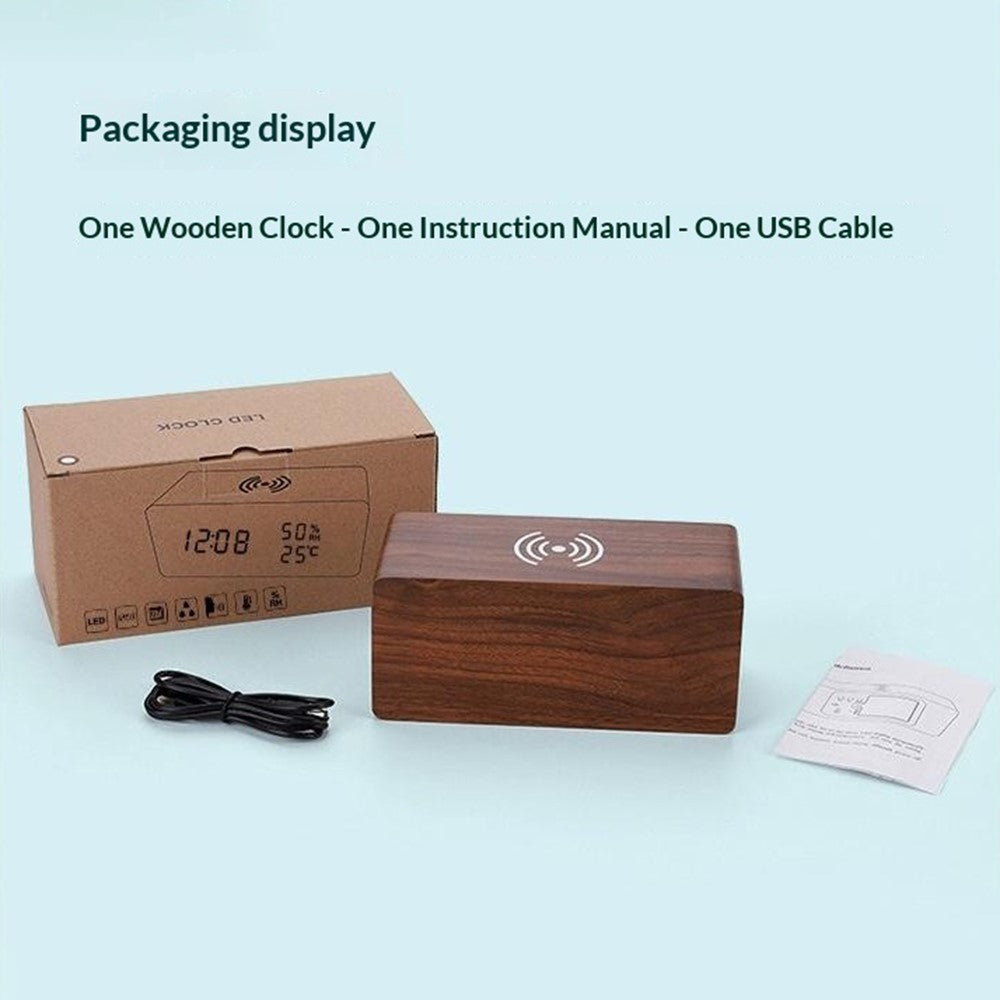YC-9087 Wooden Digital LED Alarm Clock with Temperature Humidity Display Built-in Wireless Charging Pad (No Battery)
