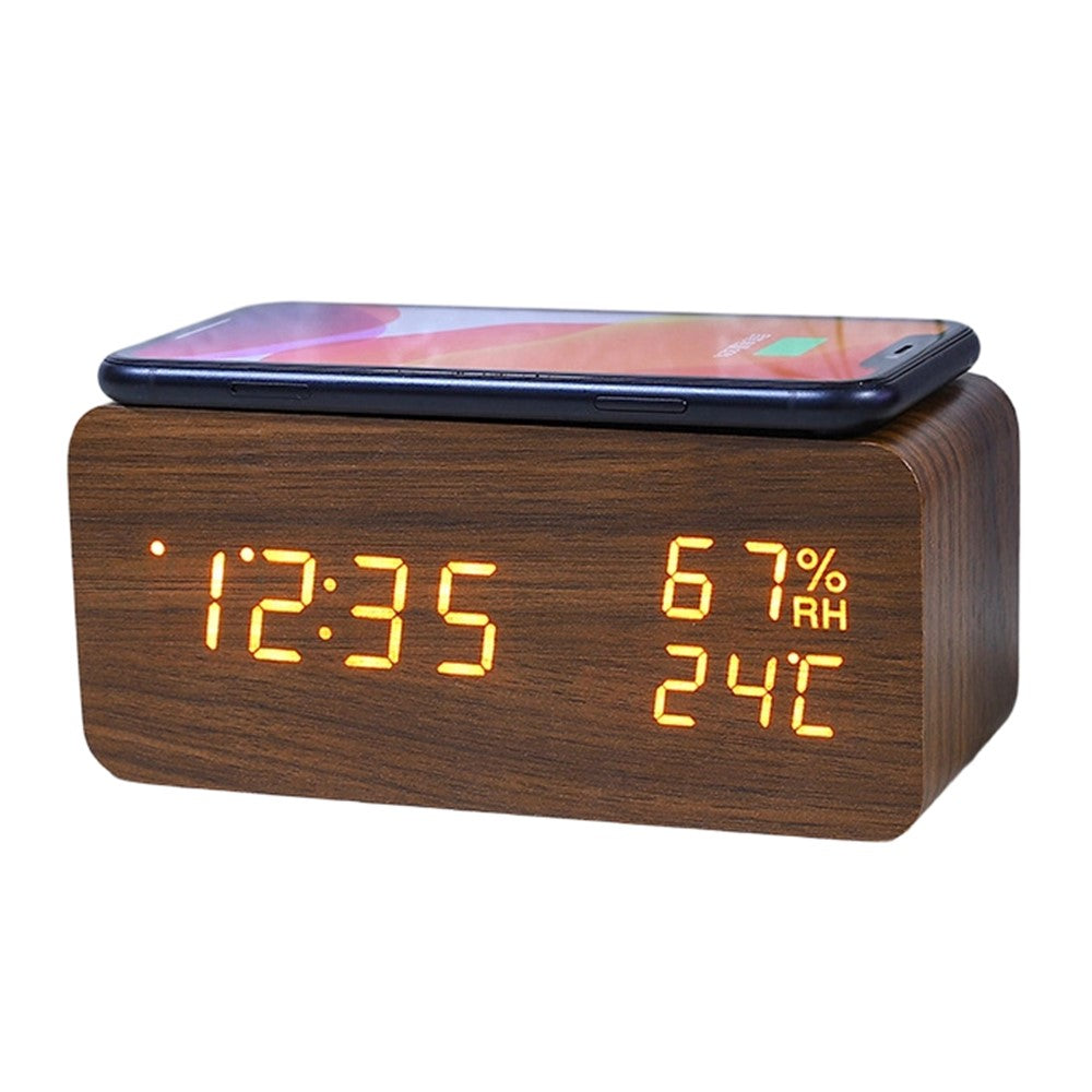 YC-9087 Wooden Digital LED Alarm Clock with Temperature Humidity Display Built-in Wireless Charging Pad (No Battery)