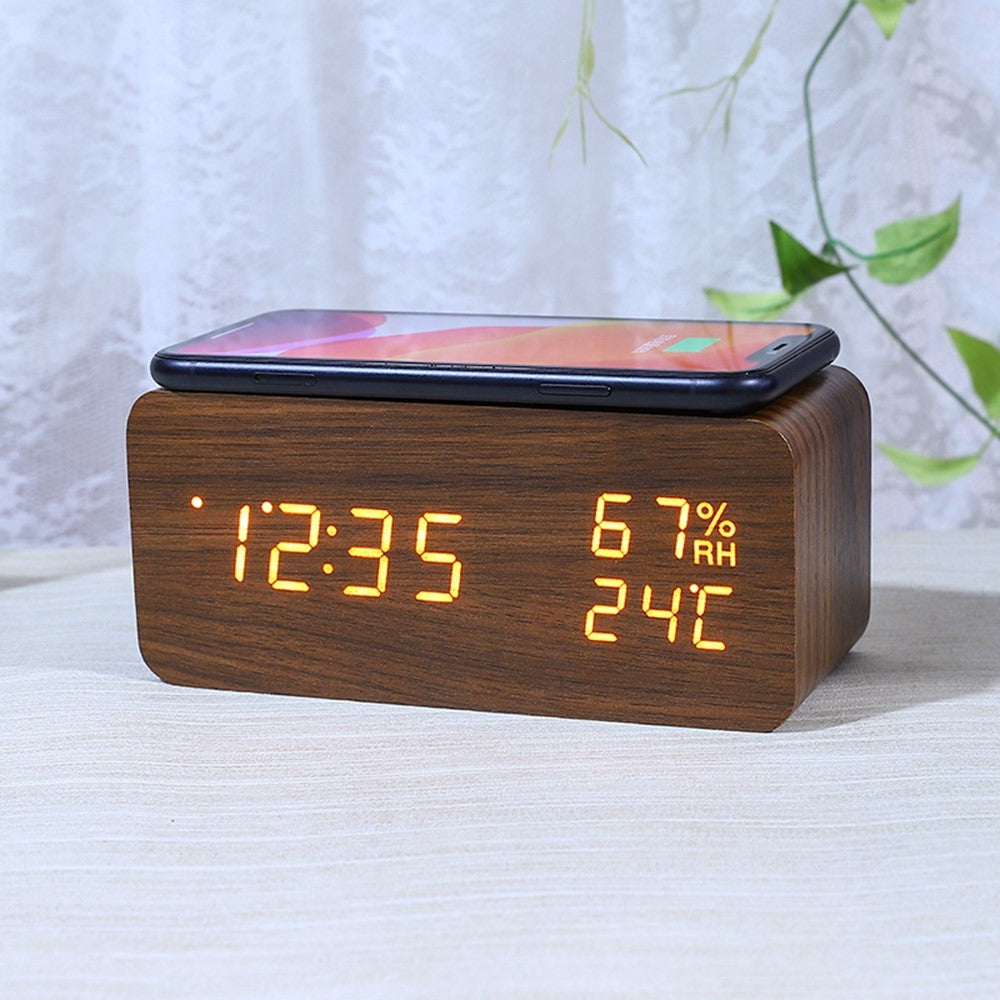 YC-9087 Wooden Digital LED Alarm Clock with Temperature Humidity Display Built-in Wireless Charging Pad (No Battery)