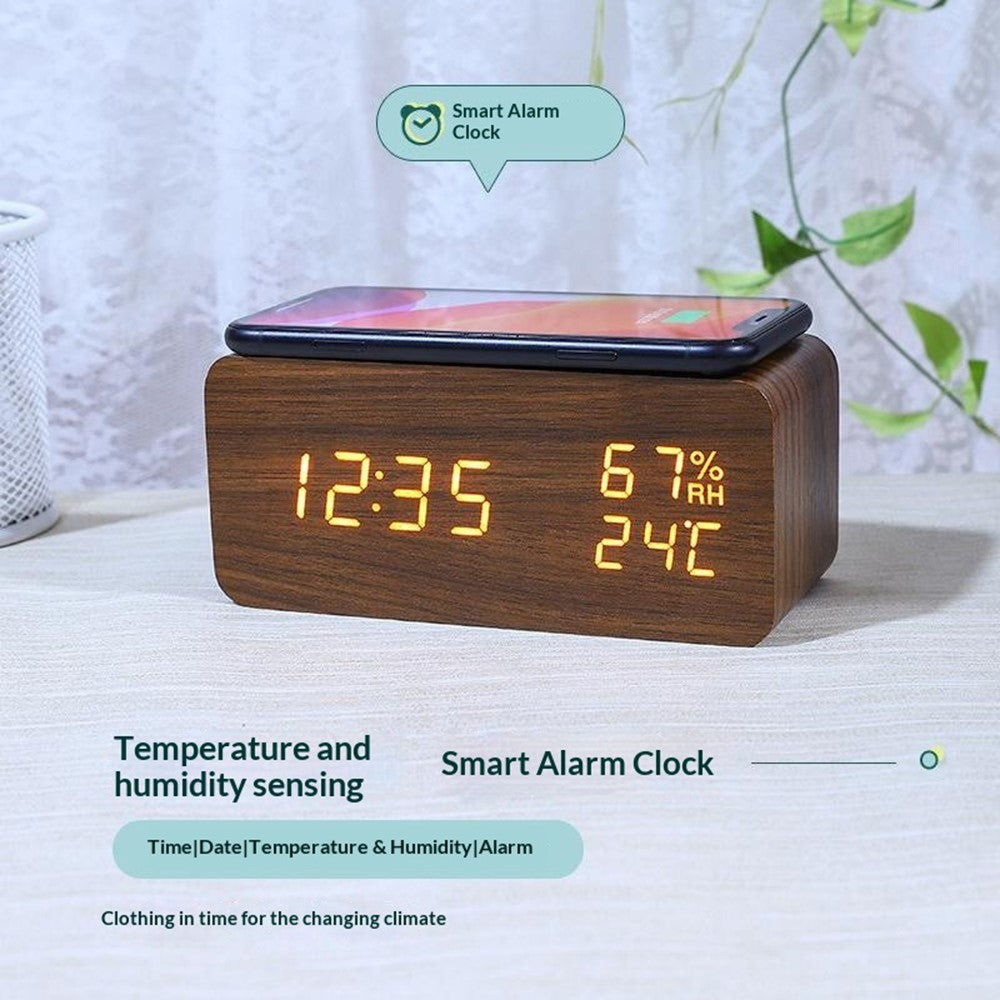 YC-9087 Wooden Digital LED Alarm Clock with Temperature Humidity Display Built-in Wireless Charging Pad (No Battery)