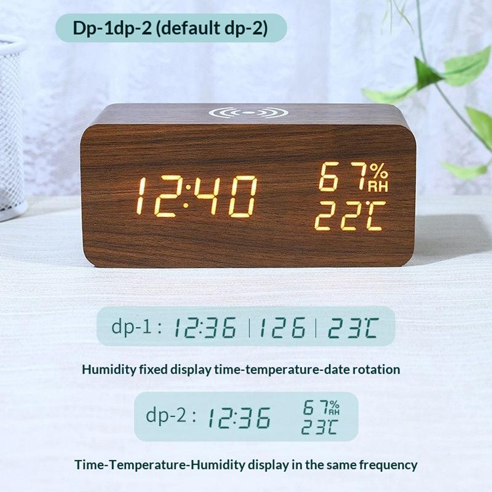 YC-9087 Wooden Digital LED Alarm Clock with Temperature Humidity Display Built-in Wireless Charging Pad (No Battery)