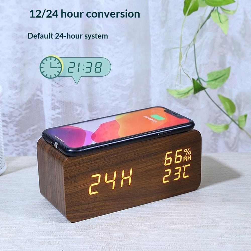YC-9087 Wooden Digital LED Alarm Clock with Temperature Humidity Display Built-in Wireless Charging Pad (No Battery)