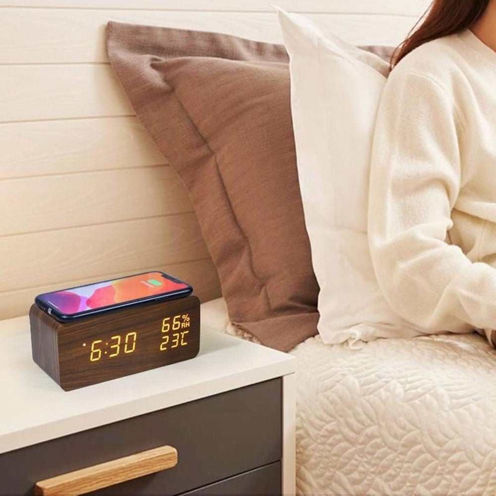 YC-9087 Wooden Digital LED Alarm Clock with Temperature Humidity Display Built-in Wireless Charging Pad (No Battery)