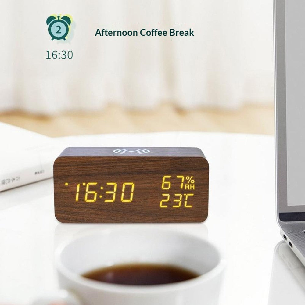 YC-9087 Wooden Digital LED Alarm Clock with Temperature Humidity Display Built-in Wireless Charging Pad (No Battery)