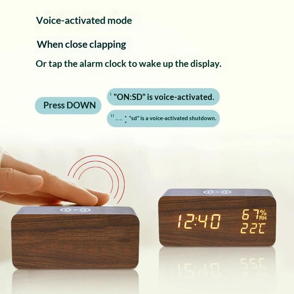 YC-9087 Wooden Digital LED Alarm Clock with Temperature Humidity Display Built-in Wireless Charging Pad (No Battery)