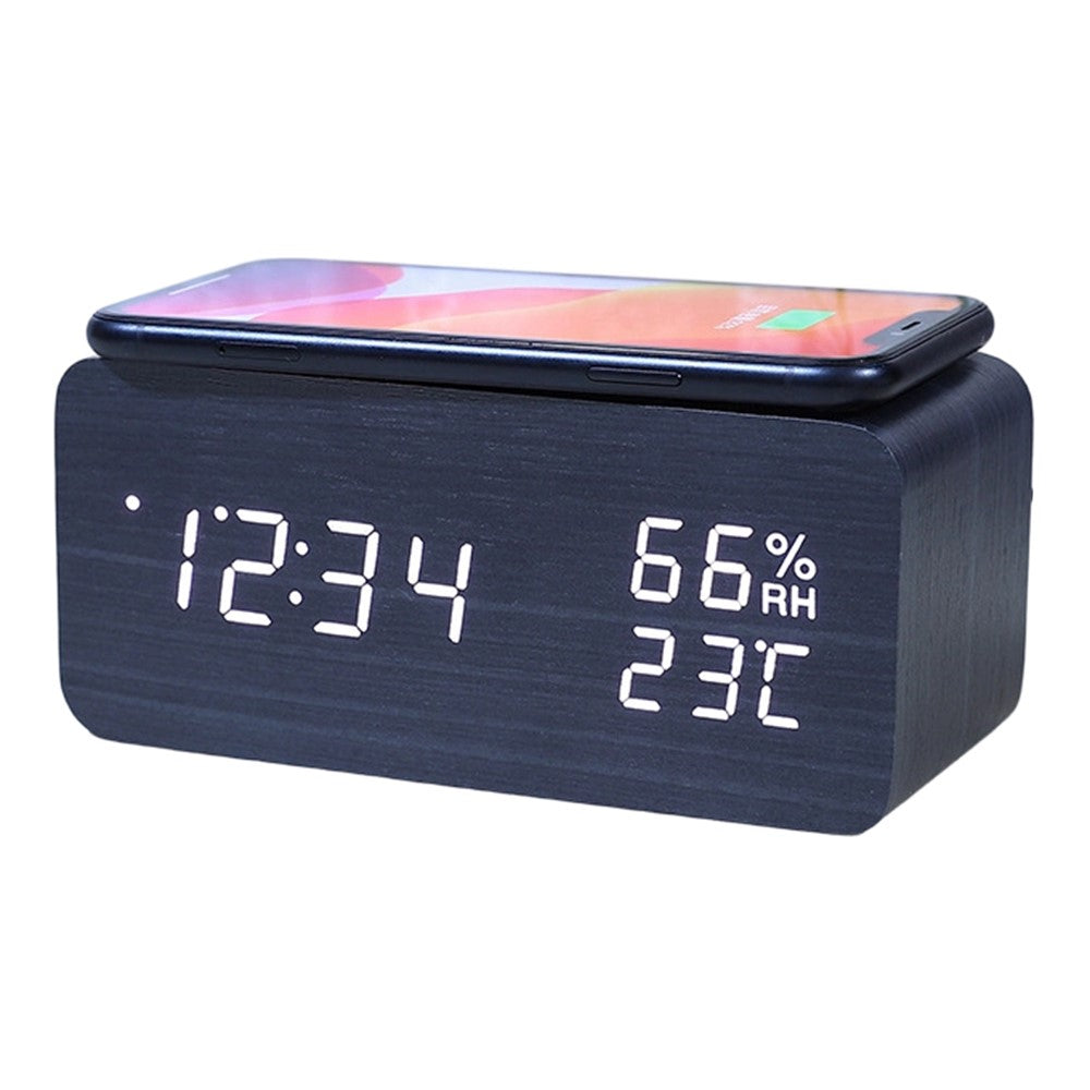 YC-9087 Wooden Digital LED Alarm Clock with Temperature Humidity Display Built-in Wireless Charging Pad (No Battery)