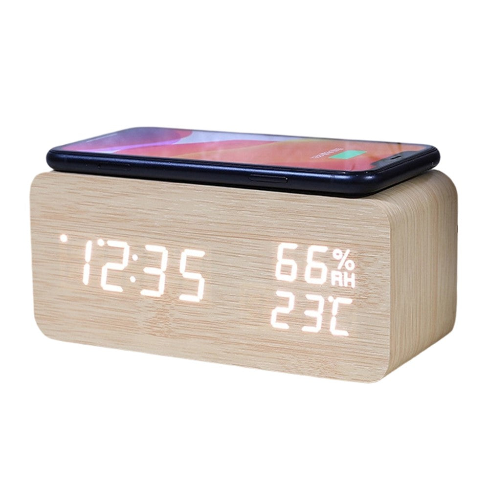 YC-9087 Wooden Digital LED Alarm Clock with Temperature Humidity Display Built-in Wireless Charging Pad (No Battery)