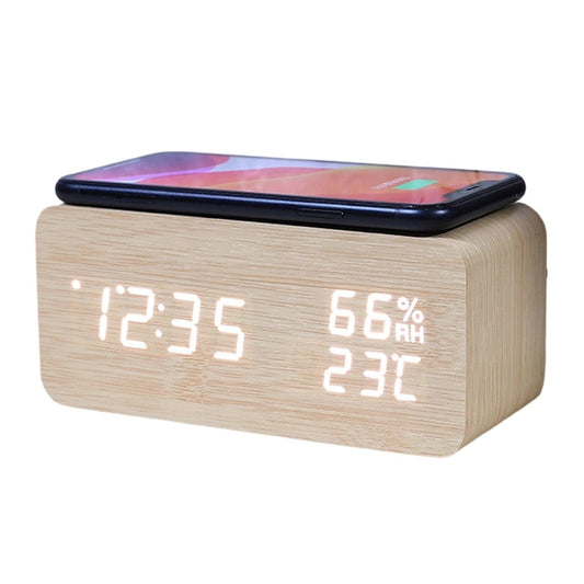 YC-9087 Wooden Digital LED Alarm Clock with Temperature Humidity Display Built-in Wireless Charging Pad (No Battery)