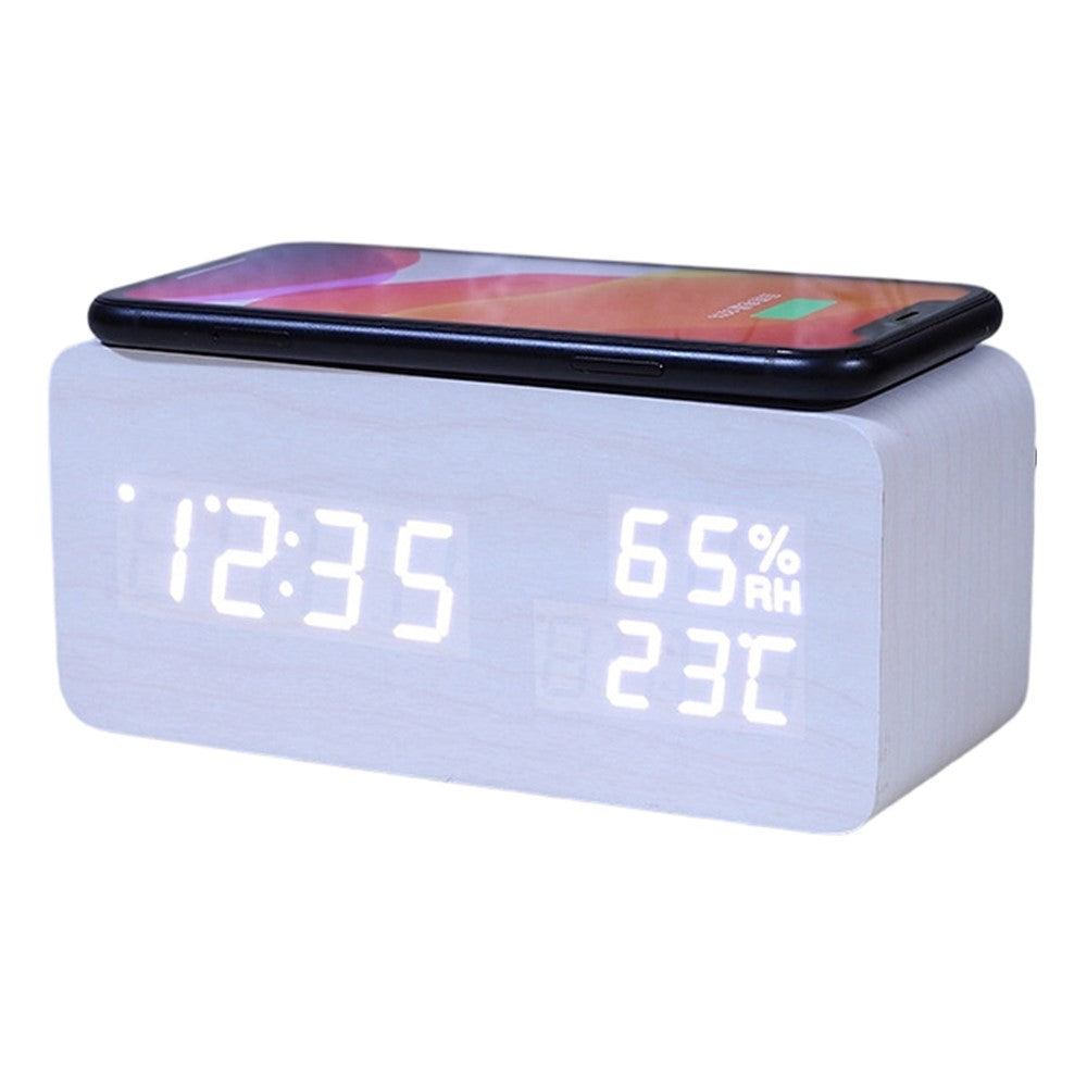 YC-9087 Wooden Digital LED Alarm Clock with Temperature Humidity Display Built-in Wireless Charging Pad (No Battery)
