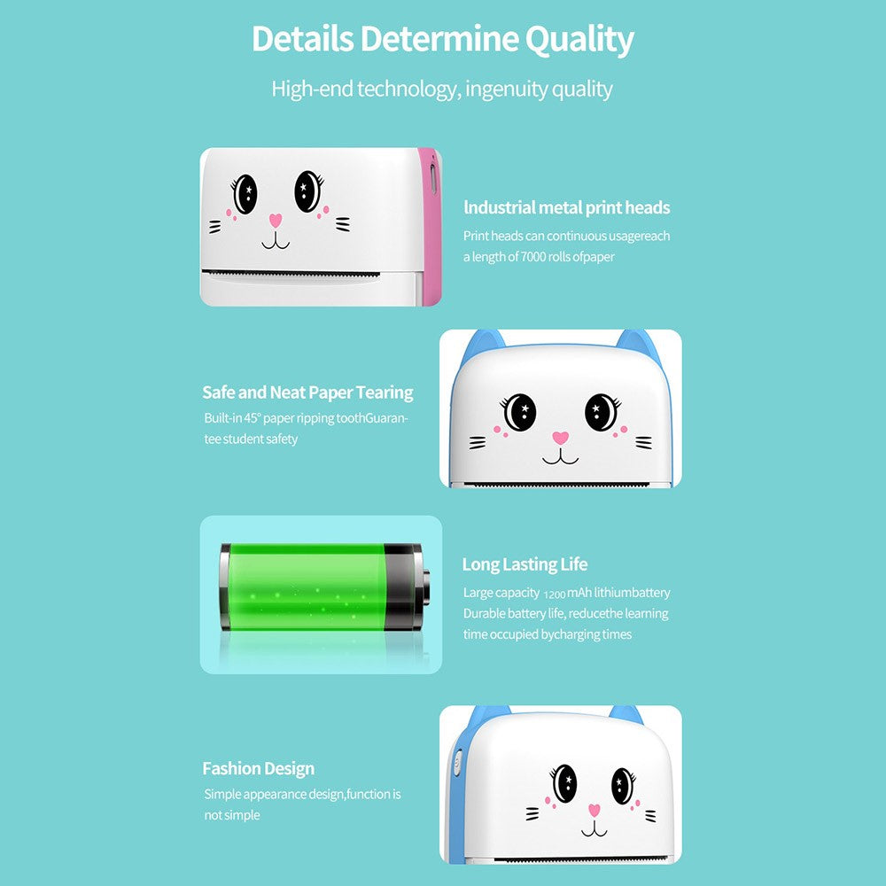 A9 Cartoon Cat Design Mini Thermal Printer 200 DPI Bluetooth-compatible Portable Pocket Printer (APP: AumiLabel)