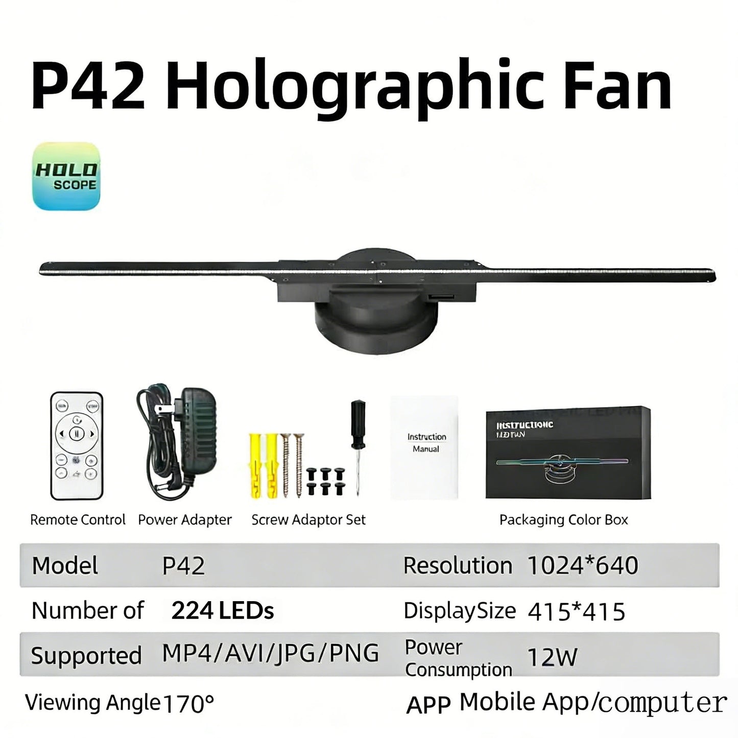 42cm 3D Hologram Fan WiFi App Control Holographic 224 LEDs Display Projector for Video Advertising