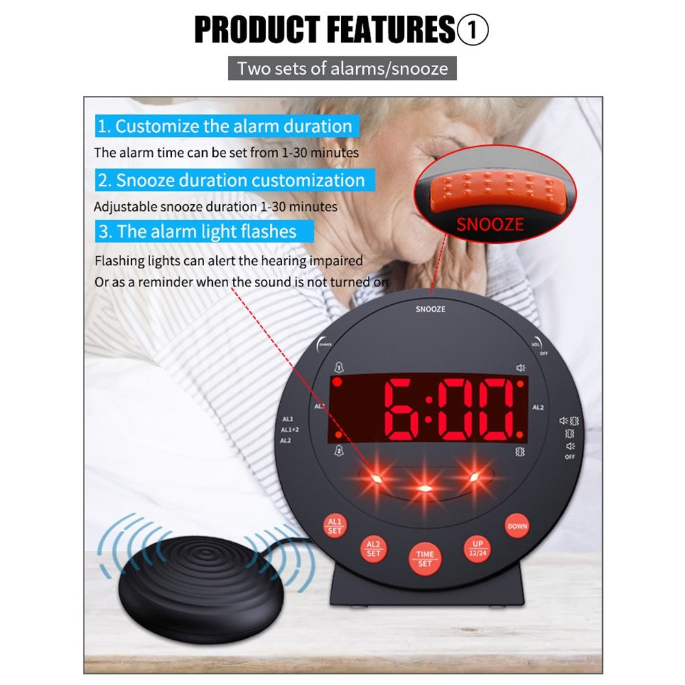TS-BC600 Loud Vibrating Alarm Clock Digital 12 / 24H Bedroom Clock for Deaf Hearing Impaired Senior
