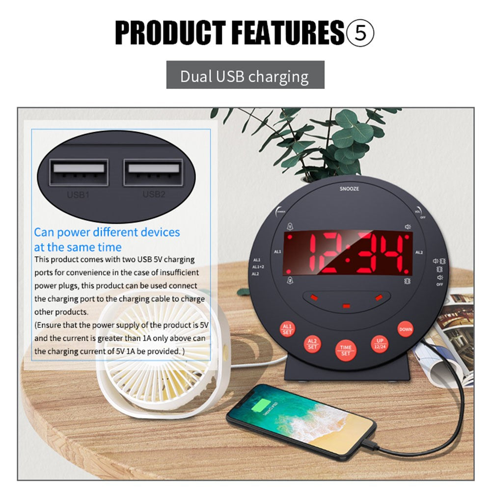 TS-BC600 Loud Vibrating Alarm Clock Digital 12 / 24H Bedroom Clock for Deaf Hearing Impaired Senior