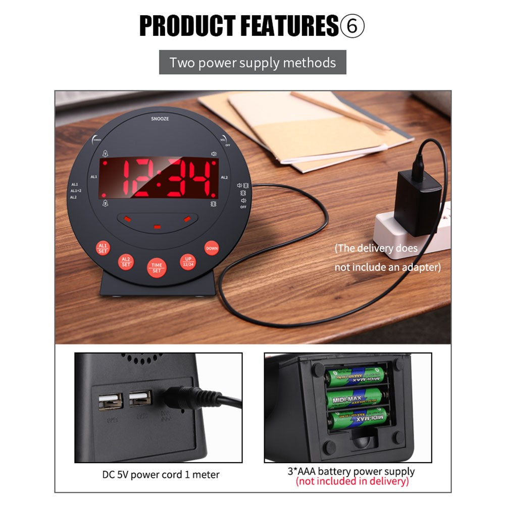 TS-BC600 Loud Vibrating Alarm Clock Digital 12 / 24H Bedroom Clock for Deaf Hearing Impaired Senior
