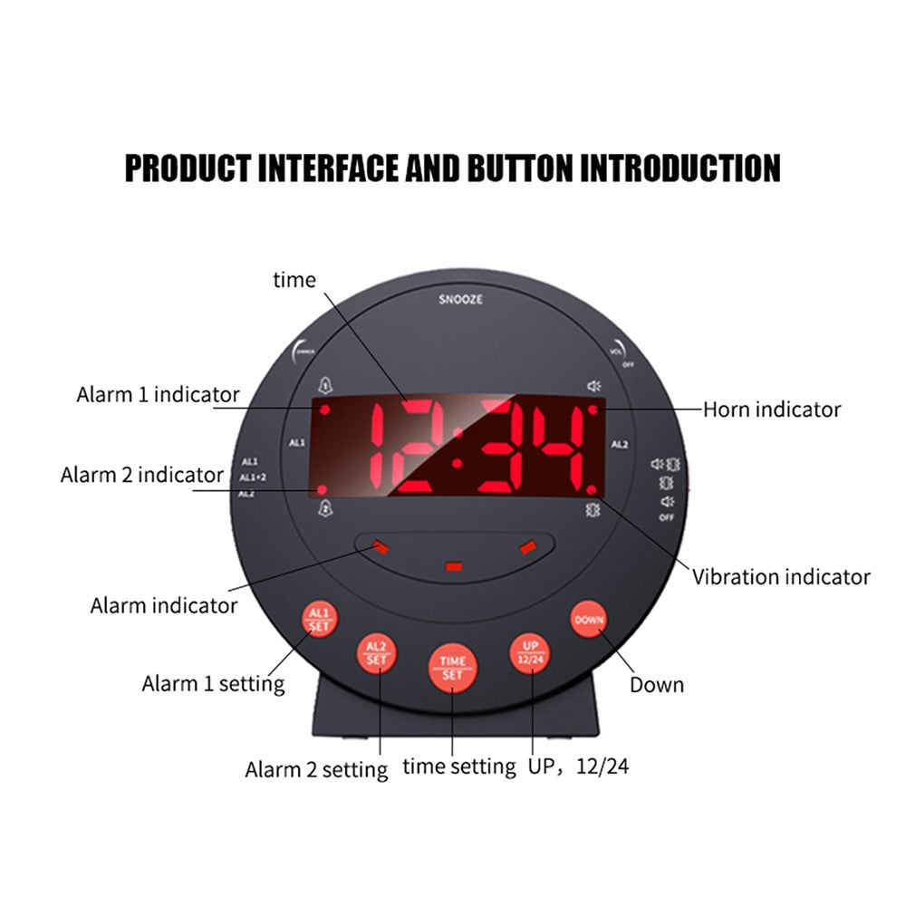 TS-BC600 Loud Vibrating Alarm Clock Digital 12 / 24H Bedroom Clock for Deaf Hearing Impaired Senior