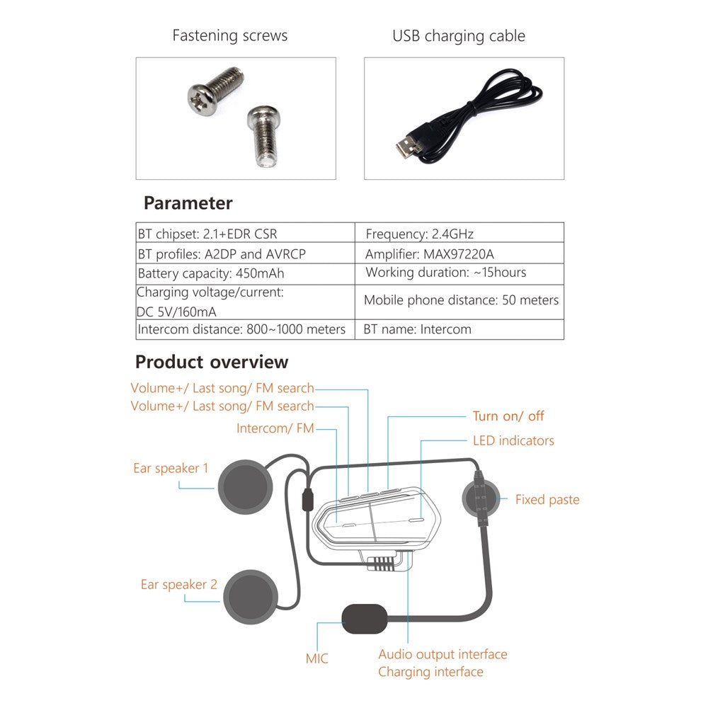 Motorradhelm Bluetooth-Headset mit FM Radio - Intercom bis 1000m