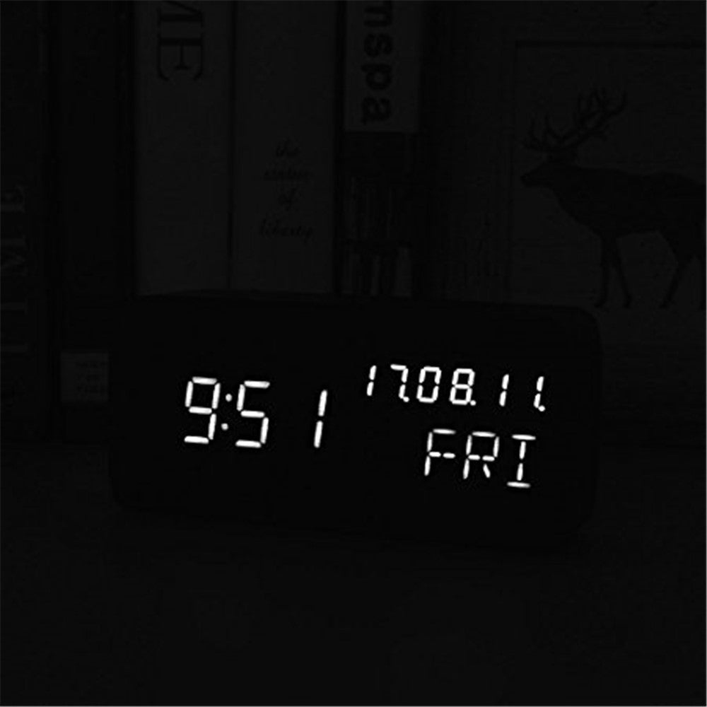 GREEN TIME LED Smart Voice Control Wood Alarm Clock with Calendar Temperature Time Display
