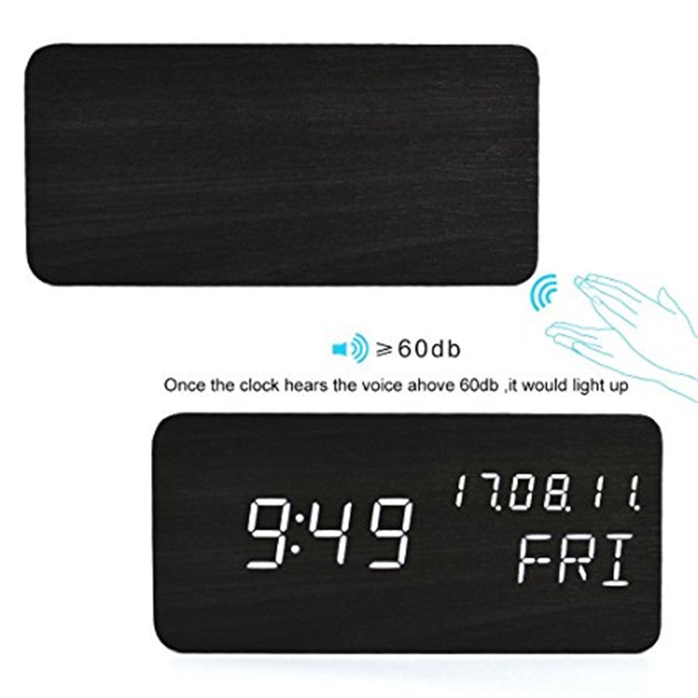 GREEN TIME LED Smart Voice Control Wood Alarm Clock with Calendar Temperature Time Display