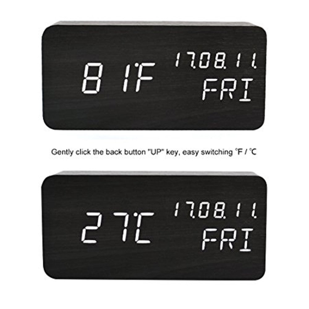 GREEN TIME LED Smart Voice Control Wood Alarm Clock with Calendar Temperature Time Display