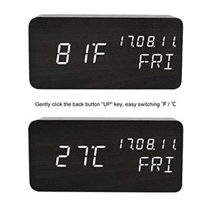GREEN TIME LED Smart Voice Control Wood Alarm Clock with Calendar Temperature Time Display