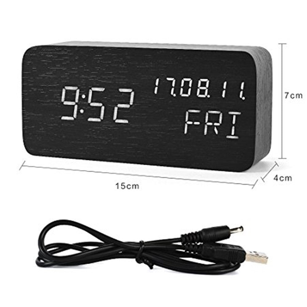GREEN TIME LED Smart Voice Control Wood Alarm Clock with Calendar Temperature Time Display
