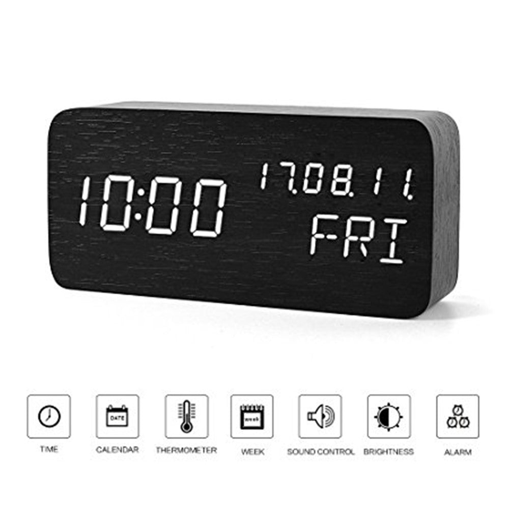 GREEN TIME LED Smart Voice Control Wood Alarm Clock with Calendar Temperature Time Display