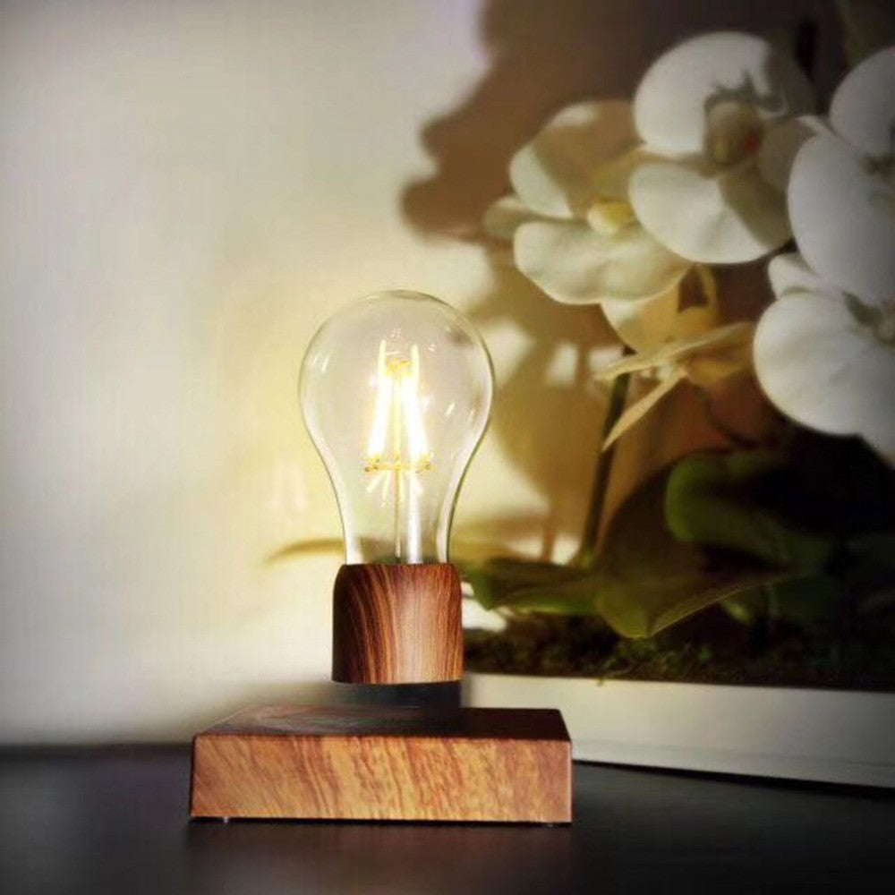 Magnetic Levitating Light Bulb Desk Wood Grain Floating Lamp Home Office Decor