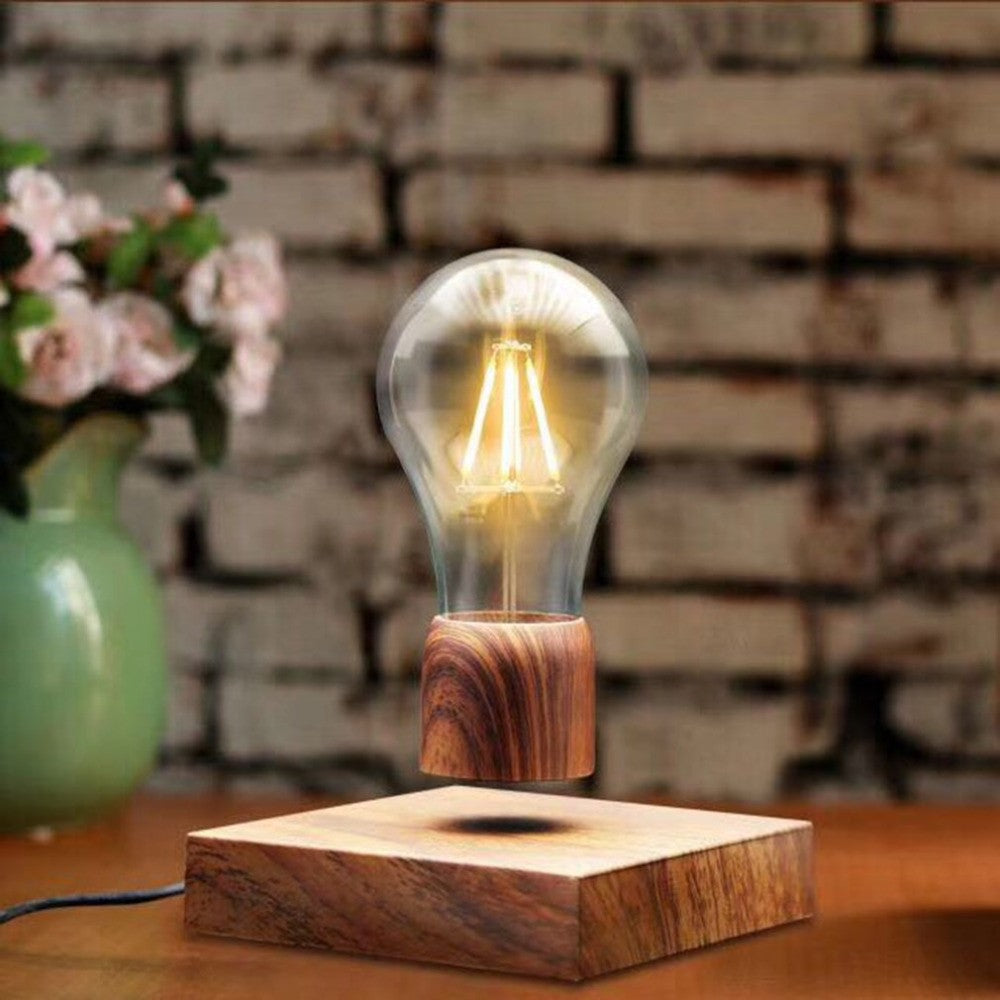 Magnetic Levitating Light Bulb Desk Wood Grain Floating Lamp Home Office Decor