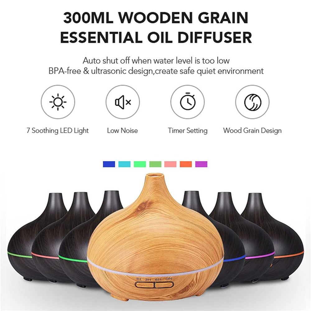7-Color LED Light Essential Oil Mist Diffuser 300ml Wood Grain Aromatherapy Air Humidifier