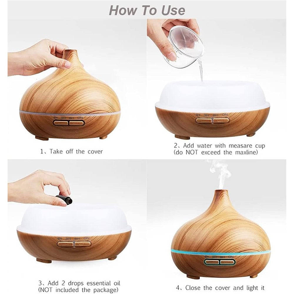 7-Color LED Light Essential Oil Mist Diffuser 300ml Wood Grain Aromatherapy Air Humidifier