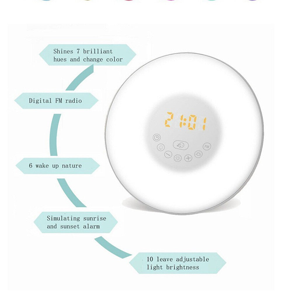 Touch Sensing Digital Alarm Clock Sunrise Simulation LED Wake Up Light with FM Radio Colorful Light