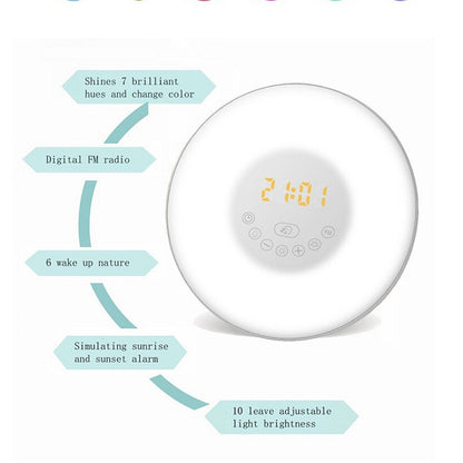 Touch Sensing Digital Alarm Clock Sunrise Simulation LED Wake Up Light with FM Radio Colorful Light