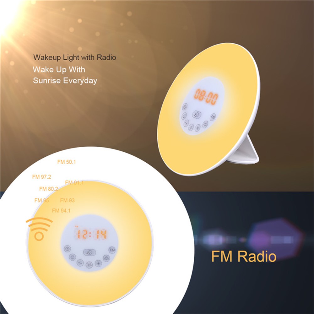 Touch Sensing Digital Alarm Clock Sunrise Simulation LED Wake Up Light with FM Radio Colorful Light