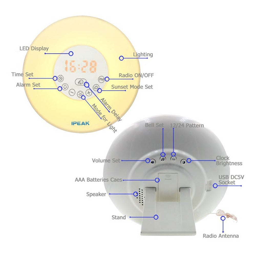 Touch Sensing Digital Alarm Clock Sunrise Simulation LED Wake Up Light with FM Radio Colorful Light
