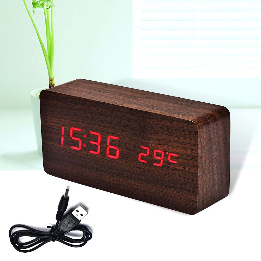 Voice Control Creative Wooden LED Alarm Clock with Temperature Display Table Clock