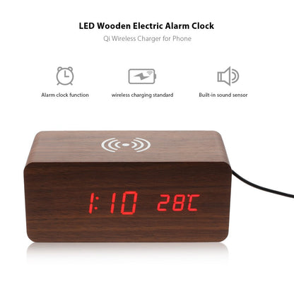 Wooden Alarm Clock with Qi Wireless Charger Sound Control LED Digital Clock Temperature Display