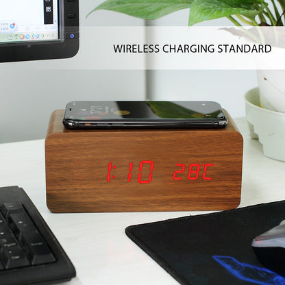 Wooden Alarm Clock with Qi Wireless Charger Sound Control LED Digital Clock Temperature Display