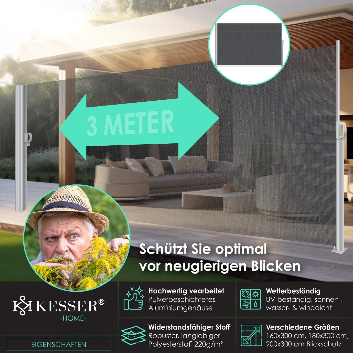 KESSER® Alu Seitenmarkise Ausziehbar Markise Wind Sonne Sicht Schutz Seitenrollo