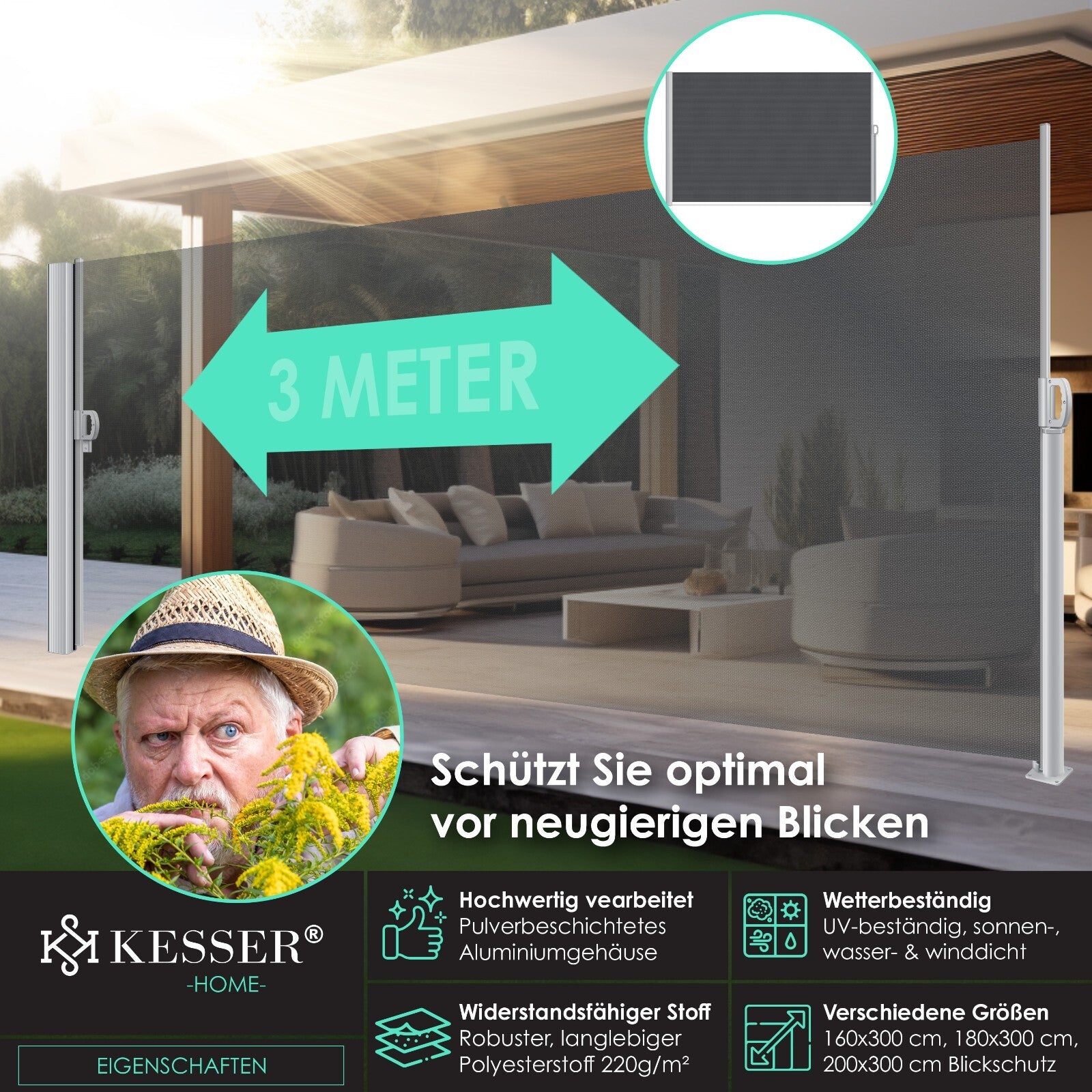 KESSER® Alu Seitenmarkise Ausziehbar Markise Wind Sonne Sicht Schutz Seitenrollo