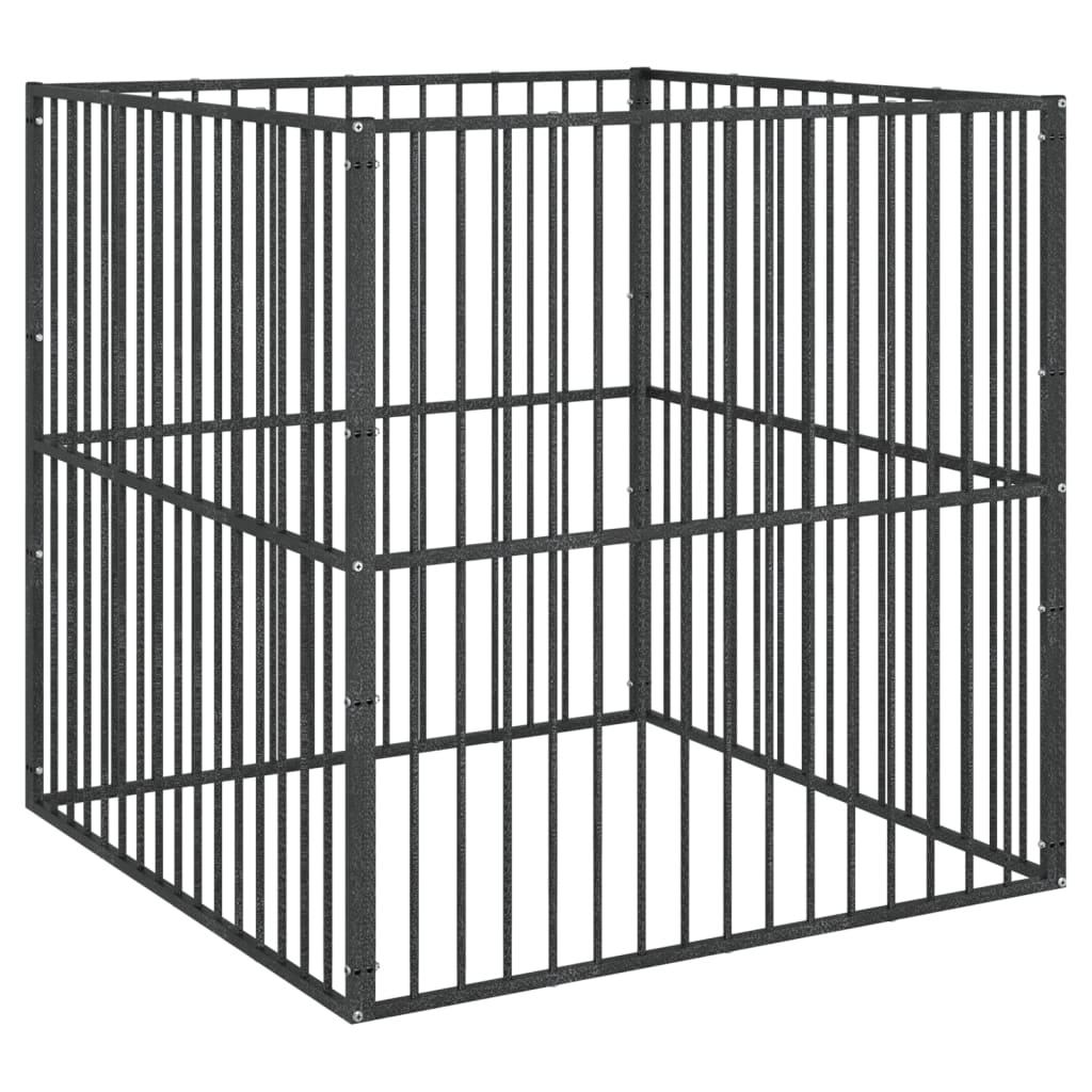 Hundelaufstall 4-Tlg. Schwarz Verzinkter Stahl