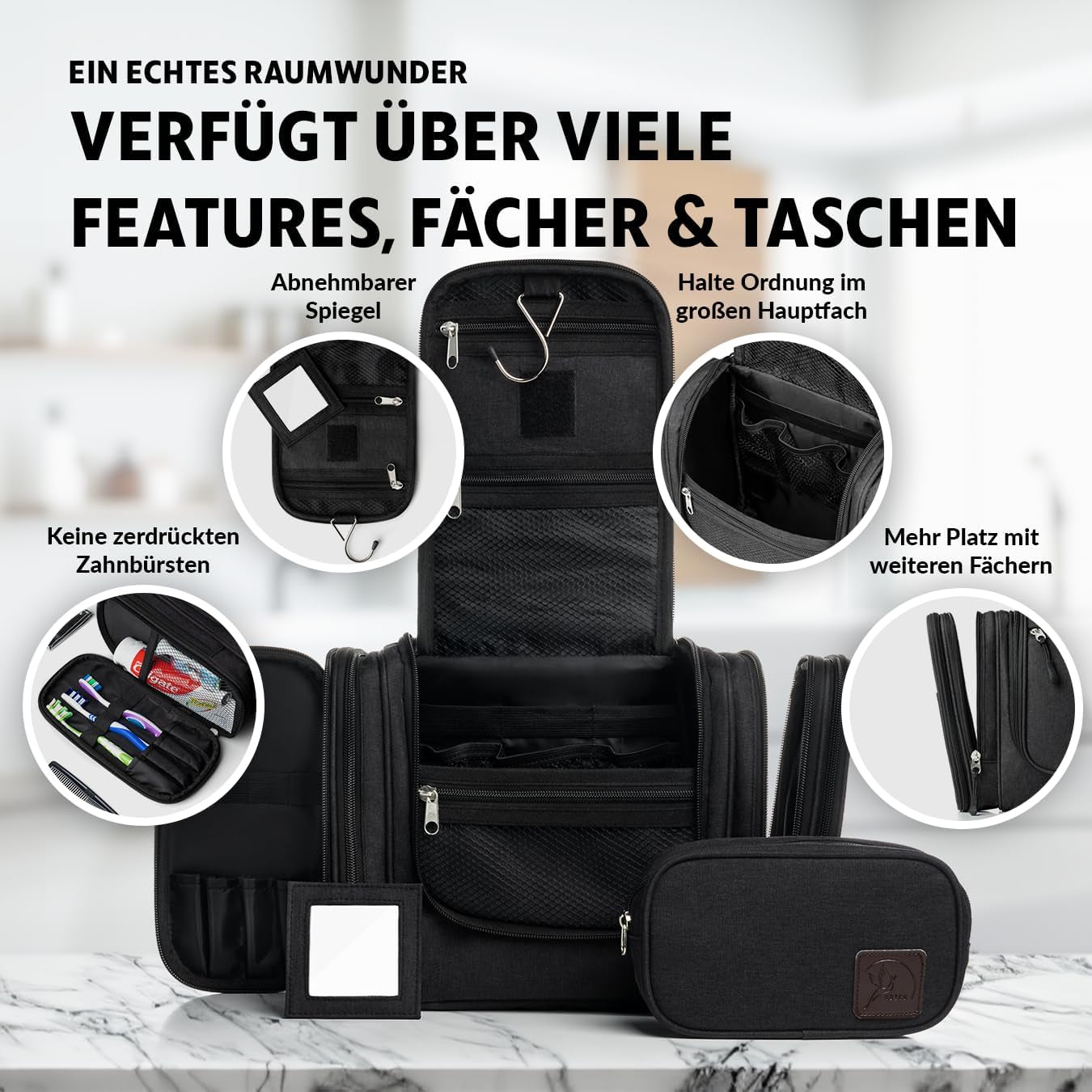 Obics Kulturbeutel Damen & Herren Groß 8L XL - Kulturtasche Zum Aufhängen, Mit Spiegel & Reise-Tasche - Outdoor Kosmetik-Tasche Groß Als Geschenke-Set Mit 10 Fächer Für Camping & Reisen, Schwarz