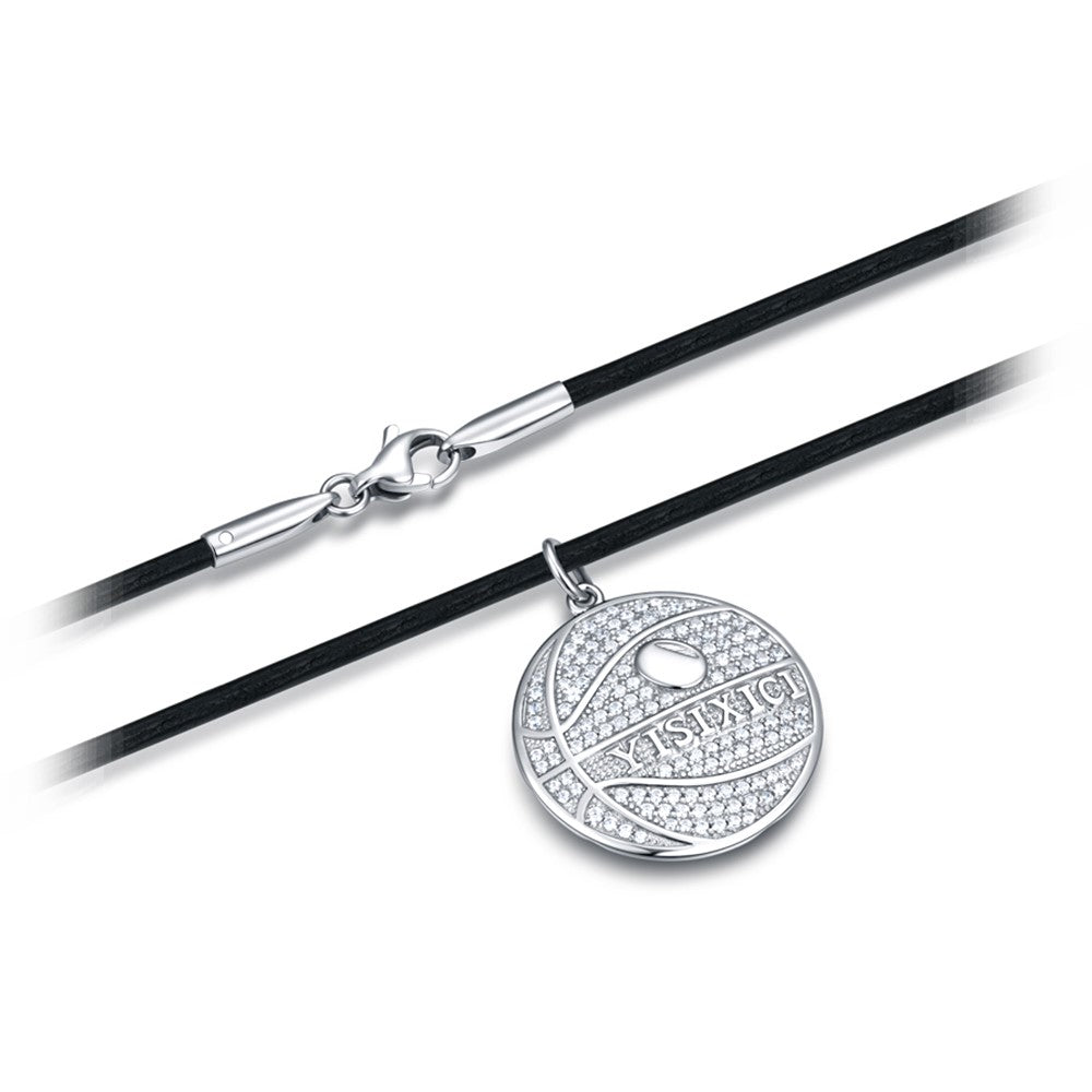 YISIXICI XL13140040 Zirconia Basketball Pendant Necklace S925 Silver Neck Jewelry with Cowhide Leather Rope