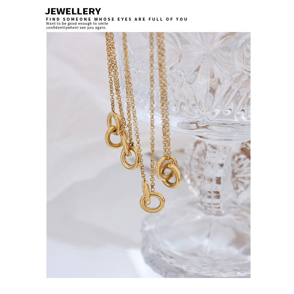 Luxury Interlocking Circles Pendant Necklace Titanium Steel Gold Plated Fashion Versatile 40+5cm Chain