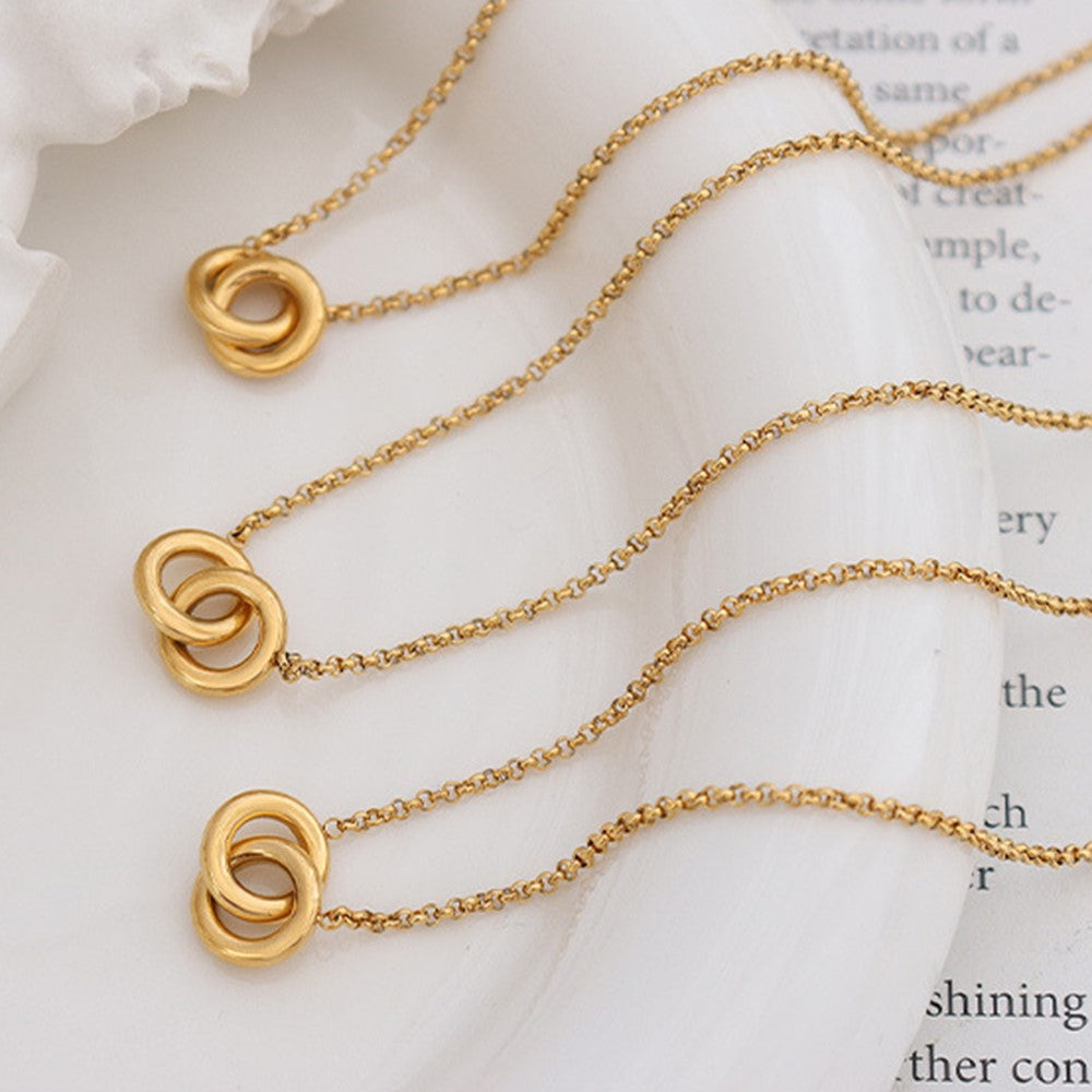 Luxury Interlocking Circles Pendant Necklace Titanium Steel Gold Plated Fashion Versatile 40+5cm Chain