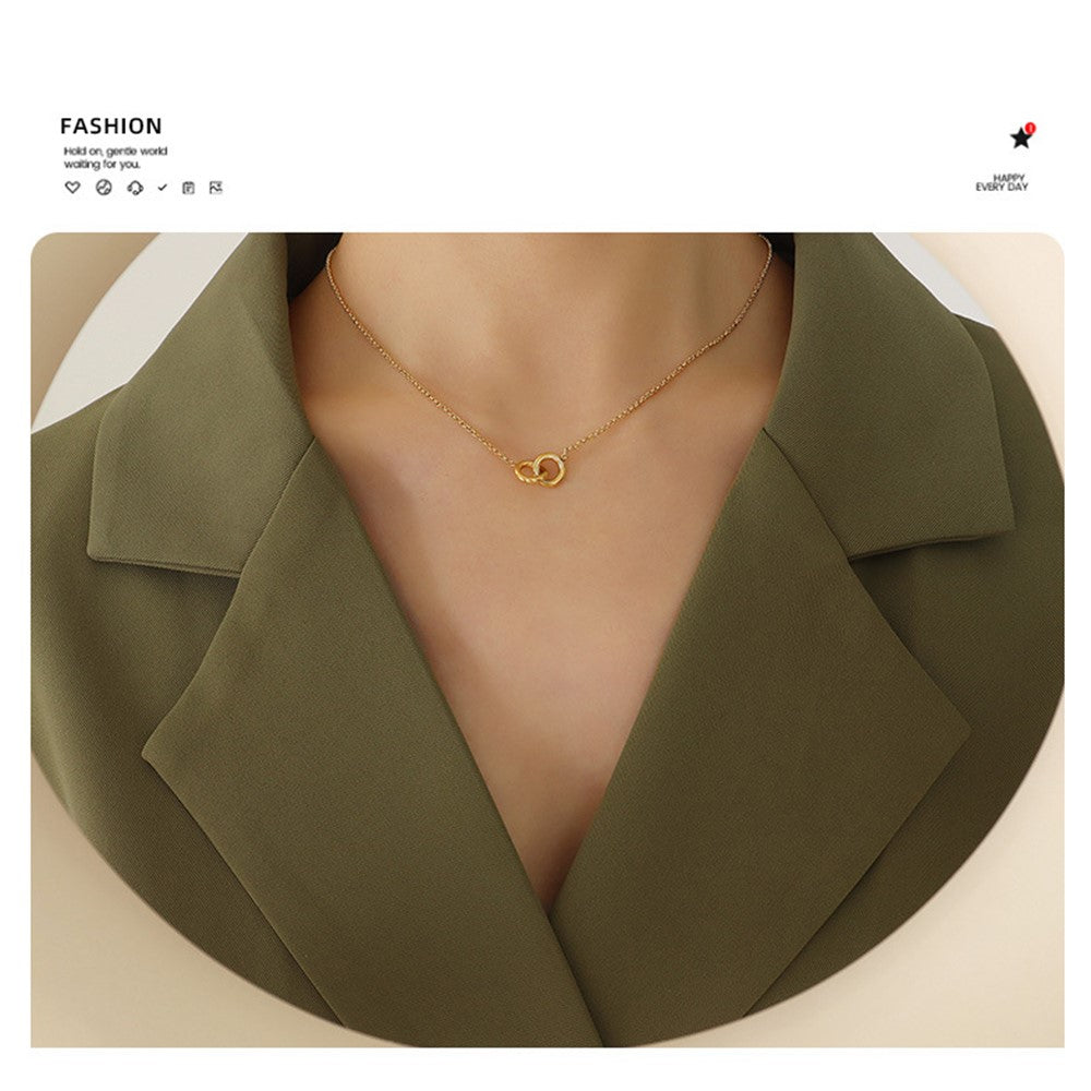 Luxury Interlocking Circles Pendant Necklace Titanium Steel Gold Plated Fashion Versatile 40+5cm Chain