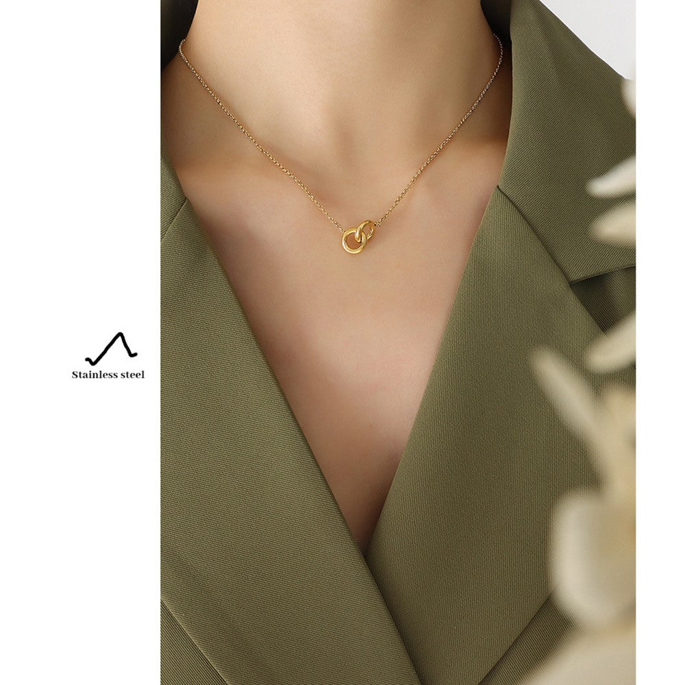 Luxury Interlocking Circles Pendant Necklace Titanium Steel Gold Plated Fashion Versatile 40+5cm Chain